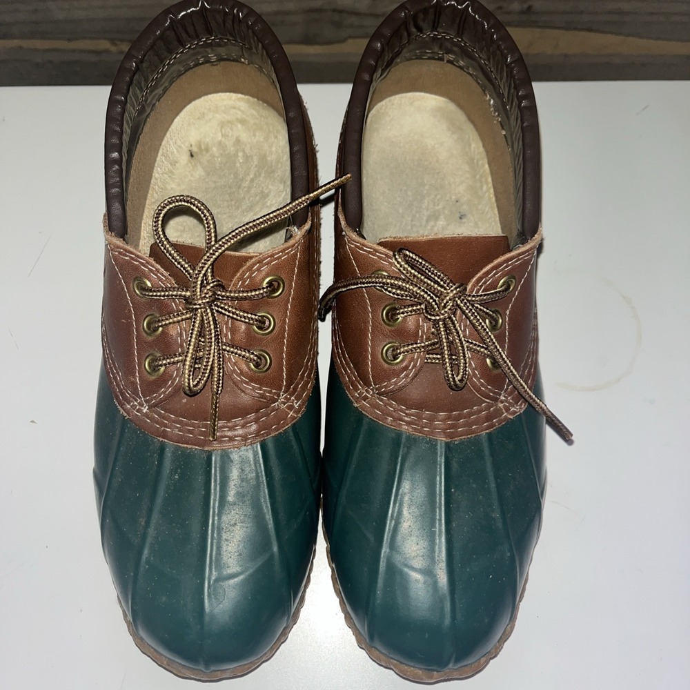 Eddie Bauer Sz 9 M Rubber Moc Duck Boots Tan Green Women's USA Made